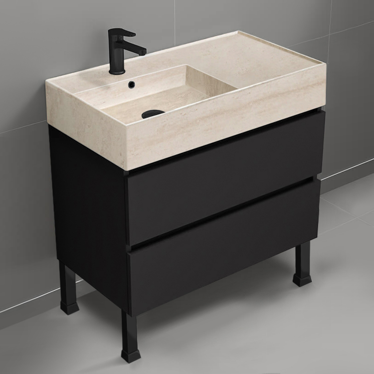 Nameeks BLOCK52 Black Bathroom Vanity With Beige Travertine Design Sink, Modern, Free Standing, 32 Inch